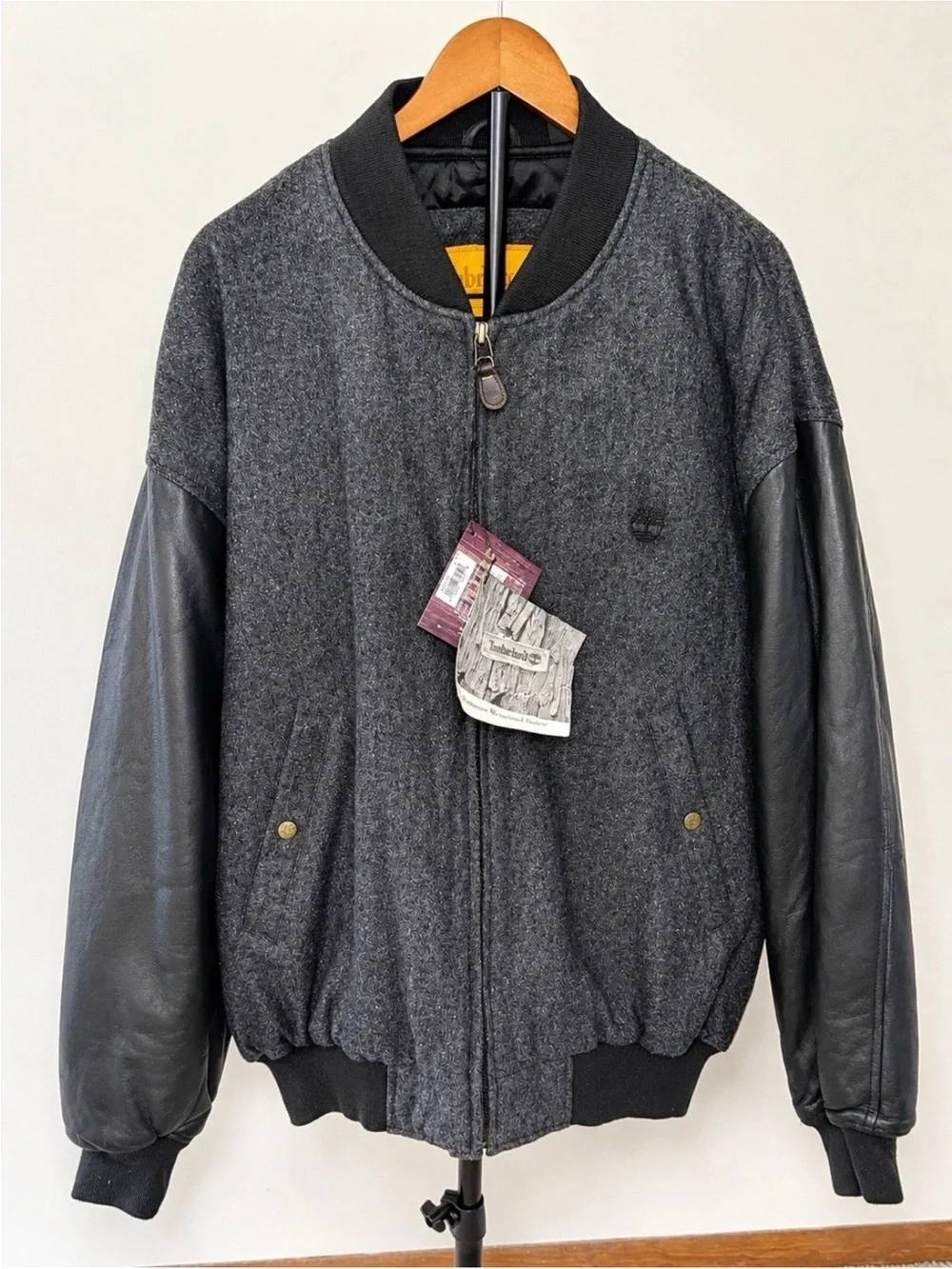 NWT Timberland Wool Leather Bomber Jacket Men XL Gray Black Vintage